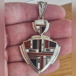 Vintage Navajo Diné Donny Dorothy Clark Sterling Semi Precious Inlay Pendant 3"
